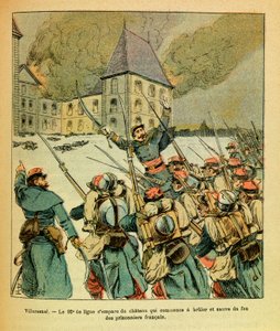 Die östliche Armee von Eugene Sergeant, genannt Grenest, illustriert von Louis Bombled (1862-1927) (Französisch-Deutscher Krieg; Feldzug von 1870-1871): Januar 1871, in Villersexel, das 92. Linienregiment erobert das Schloss, das zu brennen begann und rett