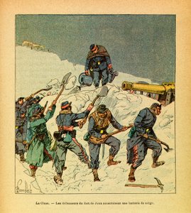 Die Armee des Ostens von Eugene Sergent, dit Grenest, illustriert von Louis Bombled (Deutsch-Französischer Krieg; Feldzug von 1870-1871): Februar 1871, La Cluse, die Verteidiger des Fort de Joux bauen eine Schneebatterie von Louis Charles Bombled