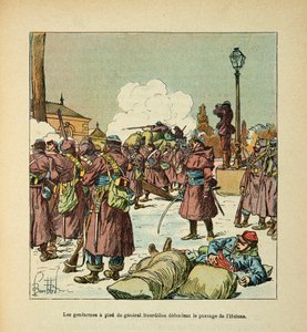 Die Armee der Loire von Eugene Sergent, illustriert von Louis Bombled (Deutsch-Französischer Krieg; Feldzug von 1870-1871): Gendarmen von General Bourdillon verteidigen den Durchgang der Huisne im Januar 1871, Teilsammlung von Louis Charles Bombled
