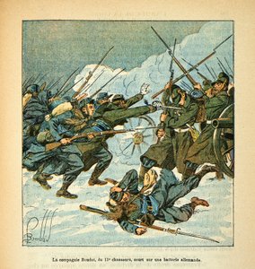 Die Armee der Loire von Eugene Sergent, illustriert von Louis Bombled (Deutsch-Französischer Krieg; Feldzug von 1870-1871): Die Boudot-Kompanie der 11. Jäger stürmte im Dezember 1870 eine deutsche Batterie, Teilsammlung von Louis Charles Bombled