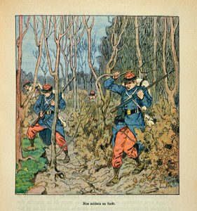 Die Armee der Loire von Eugene Sergent, genannt Grenest, illustriert von Louis Bombled (Französisch-Deutscher Krieg; Feldzug von 1870-1871): Französische Soldaten auf Erkundung im Wald von Orleans