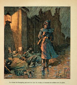 Die Armee der Loire von Eugene Sergent, genannt Grenest, illustriert von Louis Bombled (Französisch-Deutscher Krieg; Feldzug von 1870-1871): Oberst De Bourgoing durchquert die Straßen von Cerdon oder lässt seine Soldaten im Regen schlafen während des Rückz