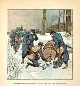 Die Armee der Loire von Eugene Sergent, dit Grenest, illustriert von Louis Bombled (Deutsch-Französischer Krieg; Feldzug von 1870-1871): Die Soldaten der Marineinfanterie füllen ihre Dosen mit einem Fass Rum von Louis Charles Bombled