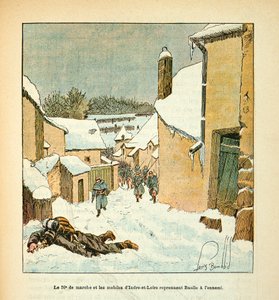 Die Armee der Loire von Eugene Sergent, genannt Grenest, illustriert von Louis Bombled (1862-1927) (Deutsch-Französischer Krieg; Feldzug von 1870-1871): Das 59. Marschregiment und die Mobilen von Indre-et-Loire erobern die Stadt Baulle vom Feind zurück, Te von Louis Charles Bombled