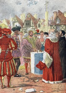 Posieren des Königs von Frankreich Franz I. des ersten Steins des Hôtel de Ville de Paris, gezeichnet vom italienischen Architekten Boccador von Louis Charles Bombled
