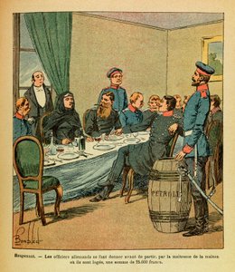 Die Ostarmee von Eugene Sergeant, genannt Grenest, illustriert von Louis Bombled (1862-1927) (Deutsch-Französischer Krieg; Feldzug von 1870-1871): In Rougemont wurden den deutschen Offizieren vor dem Verlassen von der Hausherrin, bei der sie untergebracht  von Louis Charles Bombled