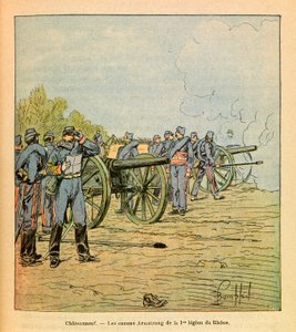 Die östliche Armee von Eugene Sergeant, genannt Grenest, illustriert von Louis Bombled (1862-1927) (Französisch-Deutscher Krieg; Feldzug von 1870-1871): Vor Chateauneuf, die Armstrong-Kanonen der ersten Legion der Rhone im Dezember 1870, Privatbesitz von Louis Charles Bombled