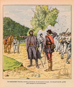 Die östliche Armee von Eugene Sergeant, genannt Grenest, illustriert von Louis Bombled (1862-1927) (Französisch-Deutscher Krieg; Feldzug von 1870-1871): Oberst Bourras während der Kämpfe in Brouvelieures im Oktober 1870, Privatbesitz von Louis Charles Bombled