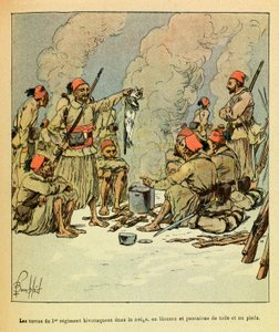 Die östliche Armee: Januar 1871, die Turcos des 1. Regiments biwakieren im Schnee, in Blusen und Hosen aus Segeltuch und barfuß
