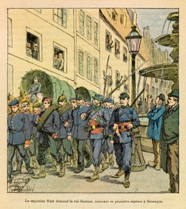 Die Ostarmee von Eugene Sergeant, bekannt als Grenest, illustriert von Louis Bombled (1862-1927) (Deutsch-Französischer Krieg; Feldzug von 1870-1871): Hauptmann Huot geht die Rue Battant in Besancon hinunter mit preußischen Gefangenen, die in Bethoncourt l von Louis Charles Bombled