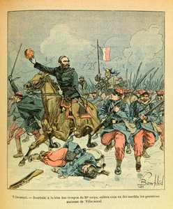 Die Armee des Ostens von Eugene Sergeant, bekannt als Grenest, illustriert von Louis Bombled (Deutsch-Französischer Krieg; Feldzug von 1870-1871): Januar 1871, General Bourbaki an der Spitze der Truppen des 20. Korps, die unter schrecklichem Feuer die erst von Louis Charles Bombled