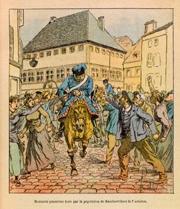 Die Ost-Armee von Eugene Sergeant, illustriert von Louis Bombled: Preußische Vorhut wird von der Bevölkerung von Rambervillers ausgebuht von Louis Charles Bombled