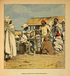 Der Krieg in Madagaskar - Anekdotische Geschichte der französischen Expeditionen von 1885-1895 von Henri Galli dit Galllichet (1854-1922), illustriert von Louis Bombled (1862-1927): Kabiles Konvois bei einem Besuch eines Militärarztes, Private Sammlung