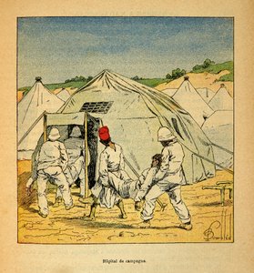Der Krieg in Madagaskar - Anekdotische Geschichte der französischen Expeditionen von 1885-1895 von Henri Galli dit Galllichet (1854-1922), illustriert von Louis Bombled (1862-1927): Militärisches Feldlazarett in Madagaskar im Jahr 1895, Private Sammlung von Louis Charles Bombled