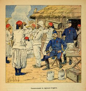 Der Krieg in Madagaskar - Anekdotische Geschichte der französischen Expeditionen von 1885-1895 von Henri Galli dit Galllichet, illustriert von Louis Bombled: Kantonation des algerischen Regiments während der französischen Expedition nach Madagaskar im Jahr von Louis Charles Bombled