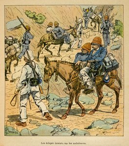 Der Krieg in Madagaskar - Anekdotische Geschichte der französischen Expeditionen von 1885-1895 von Henri Galli dit Galllichet, illustriert von Louis Bombled: Die Eclopes der Armee fliehen auf Glücksambulanzen in Madagaskar