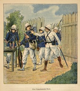 Der Krieg in Madagaskar - Anekdotische Geschichte der französischen Expeditionen von 1885-1895 von Henri Galli dit Galllichet, illustriert von Louis Bombled: Französische Truppen beim Giftmischer Shaw im Jahr 1884 von Louis Charles Bombled