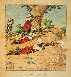 Der Krieg in Madagaskar - Anekdotische Geschichte der französischen Expeditionen von 1885-1895 von Henri Galli dit Galllichet (1854-1922), illustriert von Louis Bombled (1862-1927): Afrikanische Jäger kämpfen zu Fuß in Madagaskar im Jahr 1895, Private Samm von Louis Charles Bombled