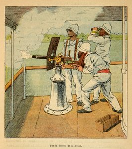 Der Krieg in Madagaskar - Anekdotische Geschichte der französischen Expeditionen von 1885-1895 von Henri Galli dit Galllichet (1854-1922), illustriert von Louis Bombled (1862-1927): Kanonenschuss auf die Hovas an Bord der Kanoniere „La Brave“ im Jahr 1895, von Louis Charles Bombled