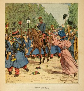 Der Krieg in Madagaskar - Anekdotische Geschichte der französischen Expeditionen von 1885-1895 von Henri Galli dit Galllichet (1854-1922), illustriert von Louis Bombled (1862-1927): Die 200. Linie verlässt Lyon nach Madagaskar im Jahr 1895, Private Sammlun von Louis Charles Bombled