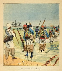Der Krieg in Madagaskar - Anekdotische Geschichte der französischen Expeditionen von 1885-1895 von Henri Galli, illustriert von Louis Bombled: Landung der Turcos in Majunga von Louis Charles Bombled