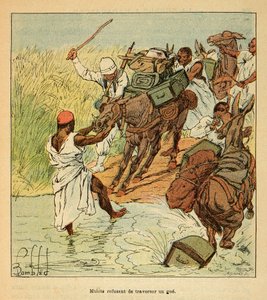 Der Krieg in Madagaskar - Anekdotische Geschichte der französischen Expeditionen von 1885-1895: Maultiere verweigern die Überquerung einer Furt während der französischen Expedition nach Madagaskar 1895
