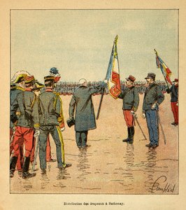 Der Krieg in Madagaskar - Anekdotische Geschichte der französischen Expeditionen von 1885-1895: Verteilung von Fahnen in Sathonay an die Truppen, die 1895 nach Madagaskar abreisen, in Anwesenheit von General Voyron von Louis Charles Bombled