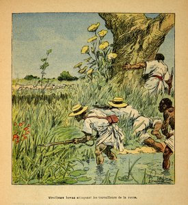 Der Krieg in Madagaskar - Anekdotische Geschichte der französischen Expeditionen von 1885-1895 von Henri Galli dit Galllichet, illustriert von Louis Bombled: Hovas Tirailleurs greifen das Militär beim Straßenbau 1895 an von Louis Charles Bombled