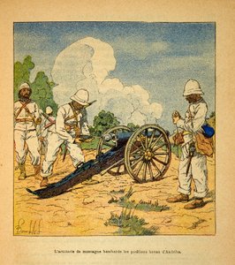 Der Krieg in Madagaskar - Anekdotische Geschichte der französischen Expeditionen von 1885-1895 von Henri Galli dit Galllichet, illustriert von Louis Bombled: Die Gebirgsartillerie bombardierte die Hovas-Positionen in Andriba 1895 von Louis Charles Bombled