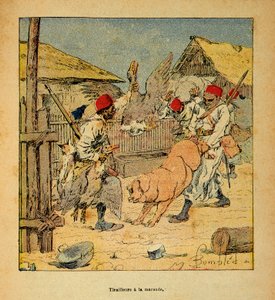 Der Krieg in Madagaskar - Anekdotische Geschichte der französischen Expeditionen von 1885-1895 von Henri Galli dit Galllichet (1854-1922), illustriert von Louis Bombled (1862-1927): Plünderung der Tirailleurs in Bauernhöfen, Privatbesitz von Louis Charles Bombled