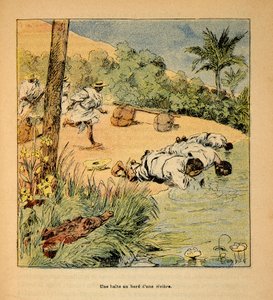 Der Krieg in Madagaskar - Anekdotische Geschichte der französischen Expeditionen von 1885-1895 von Henri Galli dit Galllichet (1854-1922), illustriert von Louis Bombled (1862-1927): Eine Pause am Fluss im Jahr 1895, Privatbesitz von Louis Charles Bombled