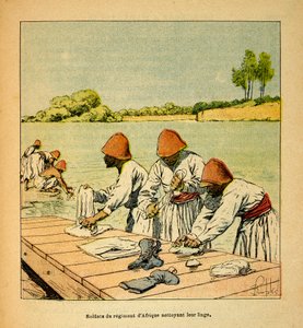 Der Krieg in Madagaskar - Anekdotische Geschichte der französischen Expeditionen von 1885-1895 von Henri Galli dit Galllichet (1854-1922), illustriert von Louis Bombled (1862-1927): Soldaten des afrikanischen Regiments reinigen ihre Wäsche am Ufer eines Fl