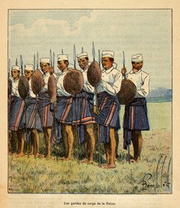 Der Krieg in Madagaskar - Anekdotische Geschichte der französischen Expeditionen von 1885-1895 von Henri Galli dit Galllichet (1854-1922), illustriert von Louis Bombled (1862-1927): Wachen der Königin Ranavalona, Privatbesitz von Louis Charles Bombled