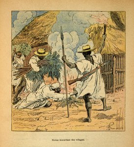 Der Krieg in Madagaskar - Anekdotische Geschichte der französischen Expeditionen von 1885-1895 von Henri Galli, illustriert von Louis Bombled: Hovas brennen Dörfer nieder von Louis Charles Bombled