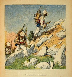 Der Krieg in Madagaskar - Anekdotische Geschichte der französischen Expeditionen von 1885-1895 von Henri Galli, illustriert von Louis Bombled: Vorhut der Infanterie in Madagaskar, 1895 von Louis Charles Bombled