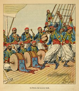 Der Krieg in Madagaskar - Anekdotische Geschichte der französischen Expeditionen von 1885-1895 von Henri Galli, illustriert von Louis Bombled: Die Nouba der Turcos an Bord des Schiffes nach Madagaskar