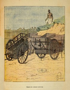Der Krieg in Madagaskar - Anekdotische Geschichte der französischen Expeditionen von 1885-1895 von Henri Galli dit Galllichet, illustriert von Louis Bombled: Konvoi von Lefebvre-Autos zur Versorgung der Truppen von Louis Charles Bombled