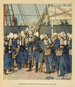 Der Krieg in Madagaskar - Anekdotische Geschichte der französischen Expeditionen von 1885-1895 von Henri Galli dit Galllichet, illustriert von Louis Bombled: Einschiffung des 40. Jägerbataillons in Marseille nach Madagaskar im Jahr 1895 von Louis Charles Bombled