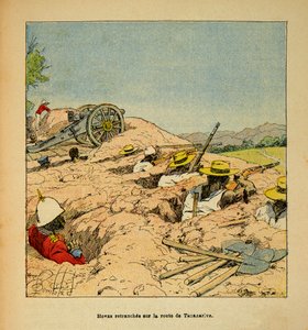 Der Krieg in Madagaskar - Anekdotische Geschichte der französischen Expeditionen von 1885-1895 von Henri Galli dit Galllichet (1854-1922), illustriert von Louis Bombled (1862-1927): Hovas-Truppen in Schützengräben auf dem Weg nach Tannarive im Jahr 1895, P von Louis Charles Bombled