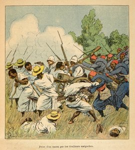 Der Krieg in Madagaskar - Anekdotische Geschichte der französischen Expeditionen von 1885-1895 von Henri Galli dit Galllichet, illustriert von Louis Bombled: Die Madagassen erobern eine Kanone während der Schlachten von Ambolomonty im Jahr 1895 von Louis Charles Bombled