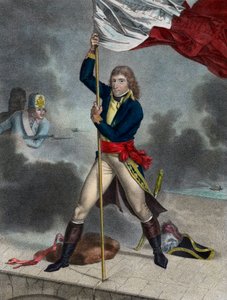 Napoleon Bonaparte während der Schlacht an der Brücke von Arcole (Arcola), November 1796 - Buonaparte General en Chef der Armee von Italien pflanzt eine Fahne auf der Brücke von Arcole im Jahr 1796 - Gravur von Louis Charles Ruotte