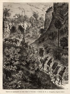 Ein Konvoi von Händlern und ihren Trägern auf dem Weg nach Yunnan (China), graviert nach der Zeichnung von L. Delaporte, zur Illustration der Entdeckungsreise in Indochina von Francis Garnier, Schiffslieutenant, 1866-1868, veröffentlicht in „Le tour du mon von Louis Delaporte