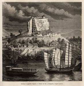 Ein Felsen mit Pagodenstufen und verschiedene Boote auf dem blauen Fluss (China), Gravur nach der Zeichnung von L. Delaporte, zur Illustration der Entdeckungsreise in Indochina von Francis Garnier, Schiffslieutenant, 1866-1868, veröffentlicht in "Le tour d von Louis Delaporte