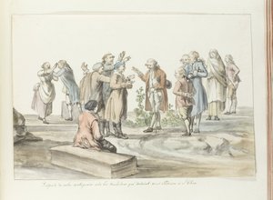 Verhandlung zwischen Reiseleiter und Maultiertreibern, die sie zum Ätna bringen sollen (Voyage en Italie, en Sicile et à Malte - 1778)