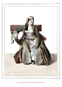 Eine griechische Dame aus Livadie. in „Reise nach Athen und Konstantinopel, oder Sammlung griechischer und osmanischer Porträts, Ansichten und Kostüme, vor Ort nach der Natur gemalt, lithografiert und koloriert von Louis Dupre (1789-1837), Schüler von Dav