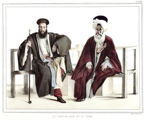 Ein griechischer Priester und ein Türke. in „Reise nach Athen und Konstantinopel, oder Sammlung griechischer und osmanischer Porträts, Ansichten und Kostüme, nach der Natur gemalt, lithographiert und koloriert von Louis Dupre (1789-1837), Schüler von David von Louis Dupré