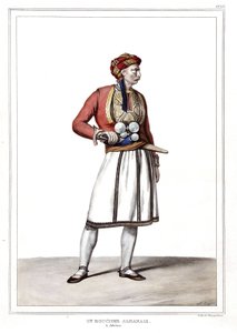 Ein albanischer Metzger in Athen. in „Reise nach Athen und Konstantinopel, oder Sammlung griechischer und osmanischer Porträts, Ansichten und Kostüme, nach der Natur gemalt, lithographiert und koloriert von Louis Dupre (1789-1837), Schüler von David.1825. von Louis Dupré