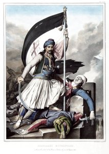 Nikolacki Nitropolos, der das Kreuzbanner an der Festung von Salona trug, die am Ostersonntag 1821 vom Osmanischen Reich erobert wurde. in „Reise nach Athen und Konstantinopel, oder Sammlung griechischer und osmanischer Porträts, Ansichten und Kostüme, nac von Louis Dupré
