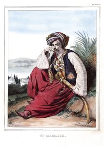 Ein Mamluk. in „Reise nach Athen und Konstantinopel, oder Sammlung griechischer und osmanischer Porträts, Ansichten und Kostüme, nach der Natur gemalt, lithografiert und koloriert von Louis Dupre (1789-1837), Schüler von David.1825.