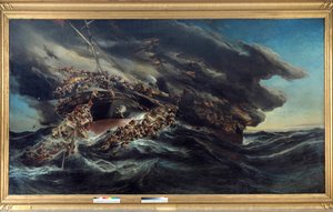 Das Feuer des Dampfers Austria. Szene eines Schiffswracks, bei dem die Passagiere versuchen, in den Booten auf dem stürmischen Meer zu entkommen. Gemälde von Eugène Isabey (1803-1886) von Louis Eugene Gabriel Isabey